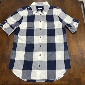 Equipment Button Down Shirt Navy Blue and White Checked Print Size XS